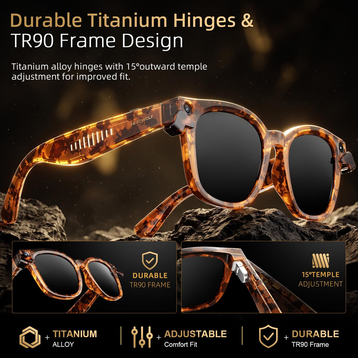 Headwolf AI Smart Glasses with 8MP Camera & Magnetic Privacy Cover