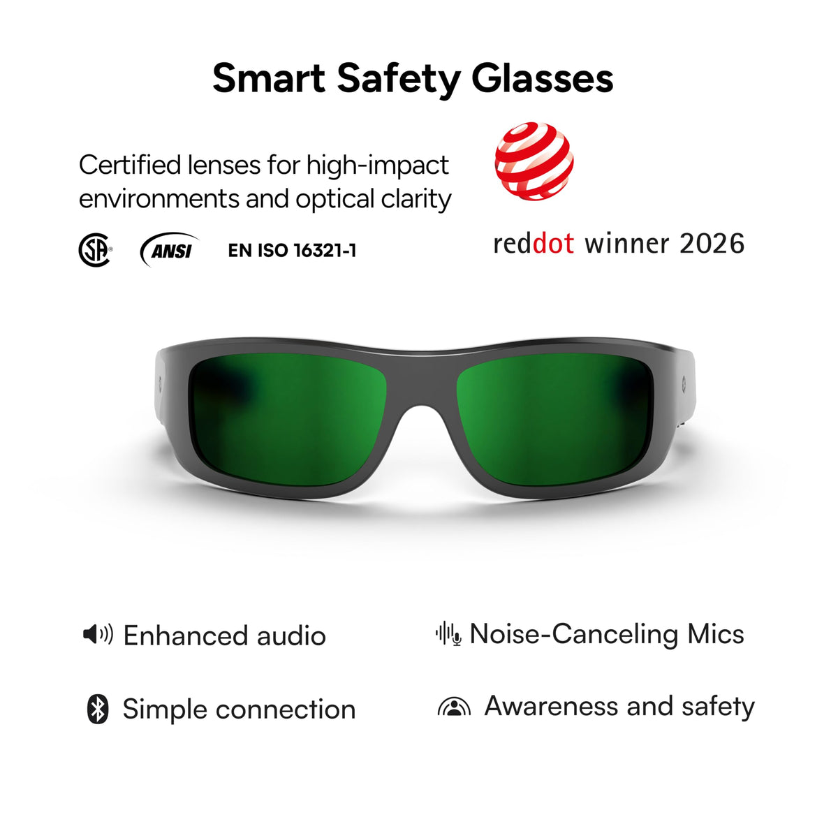 Lucyd Armor Smart Safety Glasses, TR90 Frame, Light Adaptive Lenses, Open Ear Speakers & Microphone - ANSI Z87.1