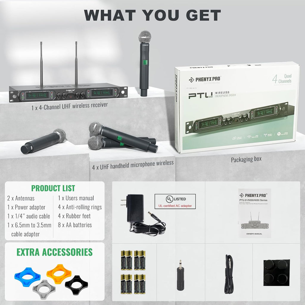 Phenyx Pro 4-Ch UHF Fixed Frequency Wireless Microphone System PTU-5000-4H
