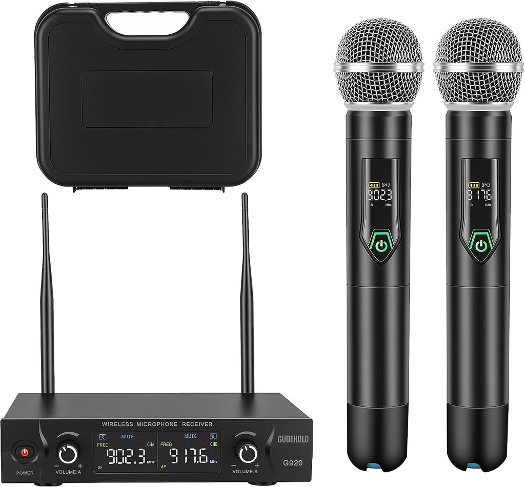 Wireless Microphone System with case, Metal UHF Dual Handheld 20 Channels Professional Cordless Mic System for Church, DJ, Karaoke,Wedding, Home KTV Set (Green)
