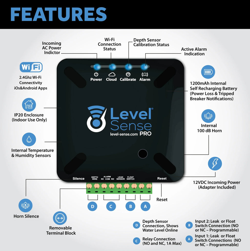 Level Sense PRO- Wi-Fi Enabled Sump Pump, Temperature, Humidity, and Leak Detector