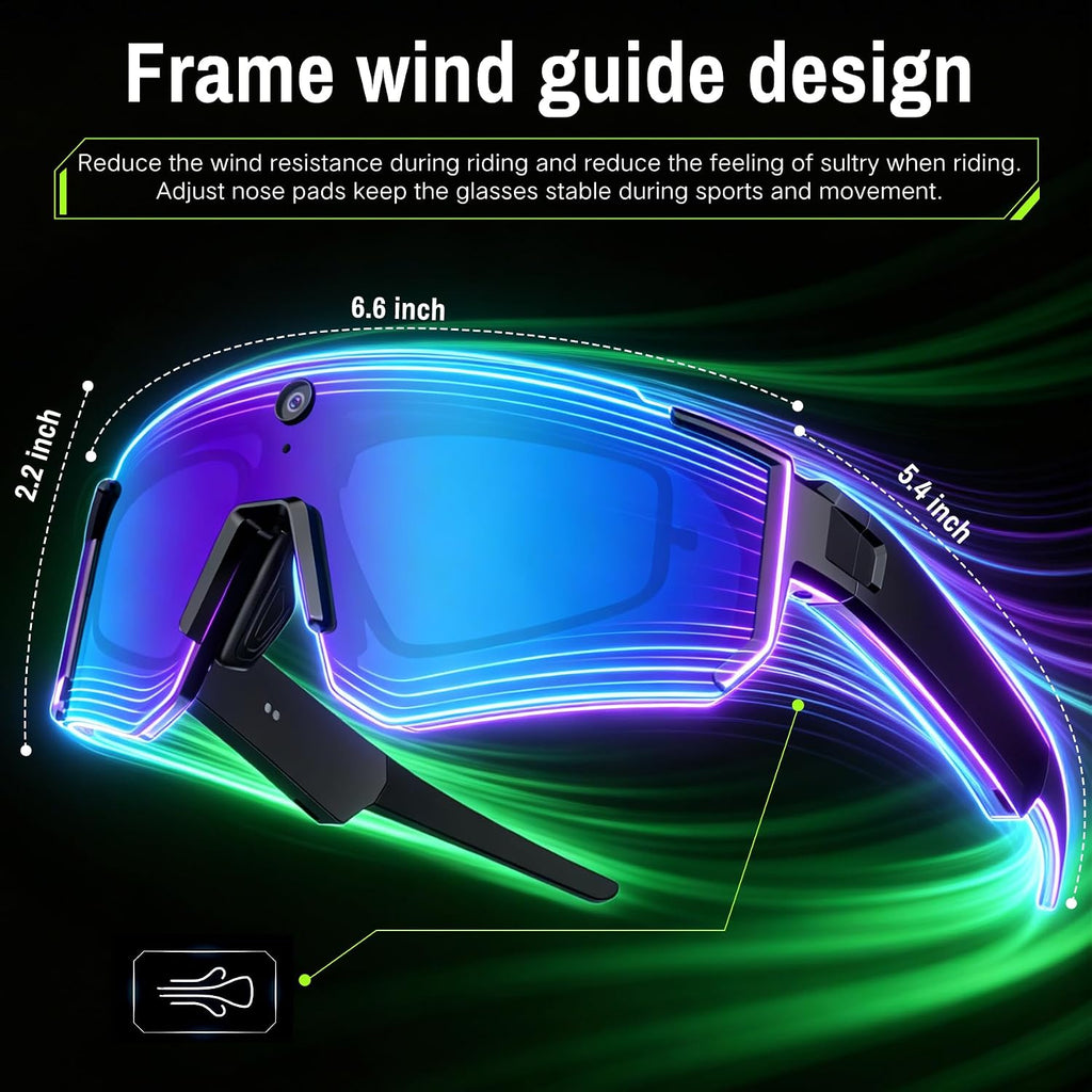 AI Smart Glasses, Voice Control Sports Sunglasses, EIS Anti-Shake, IP54 Waterproof, Real-Time Translation, Open Ear Audio Cycling Glasses for Outdoor Hiking Surfing Running
