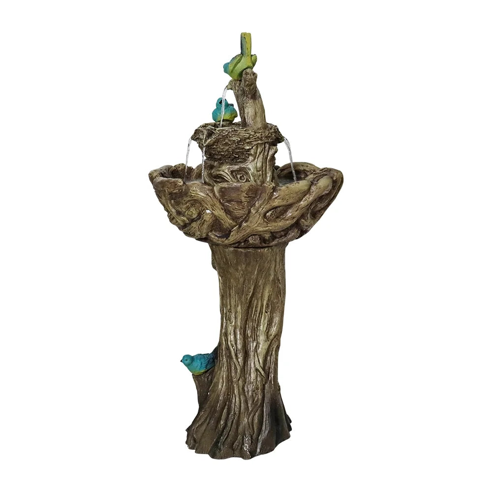 3-Tier Outdoor Water Fountain Bird Bath Patio Fountain Outdoor Stump Like Waterfall Fountain with Birds Decor Freestanding Patio Water Fountain Pump Garden Yard Patio Porch