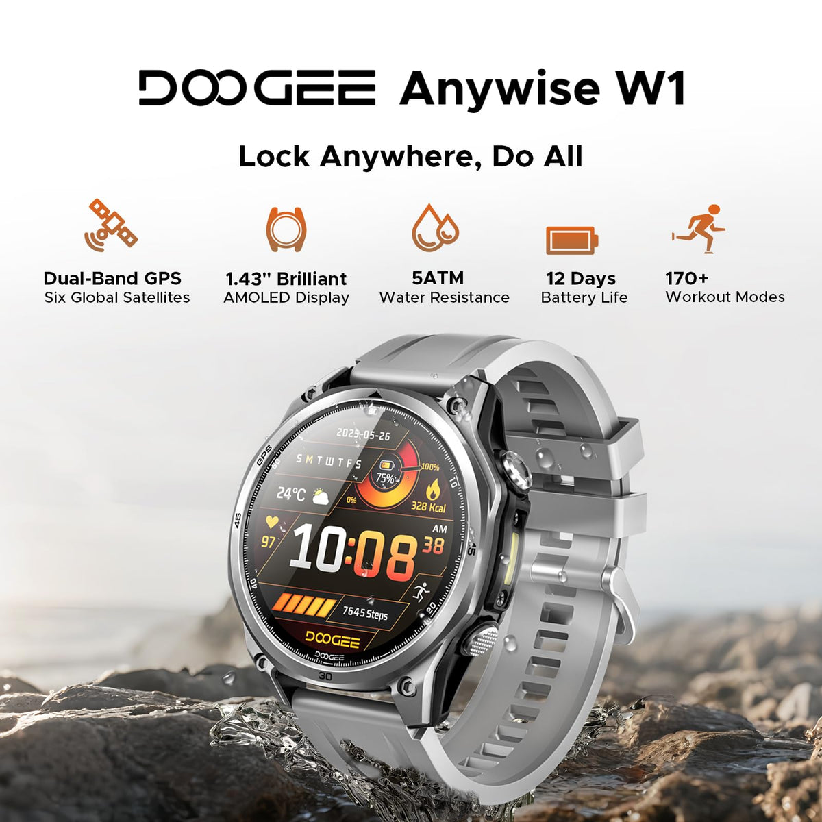 Anywise W1 GPS Smart Watches for Men, 6 Satellite Positioning, 50M Waterproof Fitness Tracker, 1.43'' AI Mens Smart Watch for Android Phone/iphone compatible,Answer/Make Call/12 Days Battery