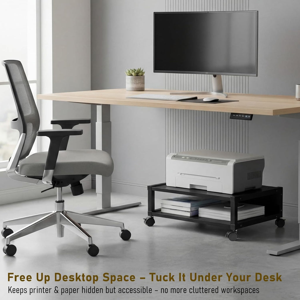 Zonon 2 Tier Printer Stand Under Desk with Wheels, Open Shelf, Black