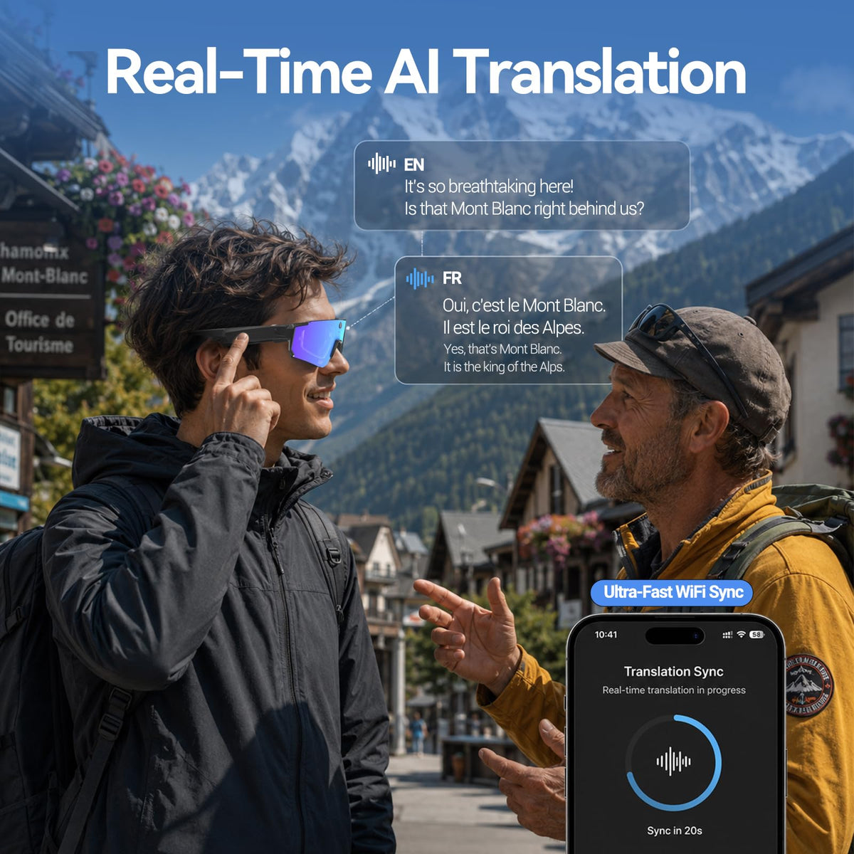 AI Smart Glasses with Camera, ChatGPT & AI Object Recognition, 1200P Video with 6-Axis EIS, Polarized UV400 Sunglasses, Real-Time Translation, IP64 Waterproof for Cycling, Hiking & Vlogging