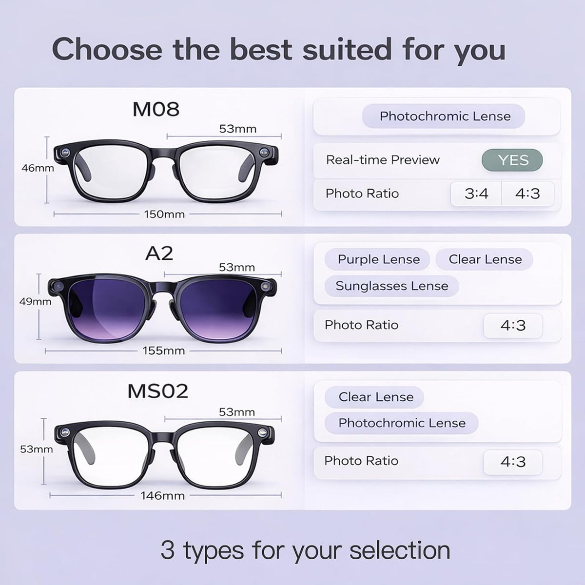 AI Smart Glasses with Camera, 8MP HD Video Recording Glasses, 1200P 30FPS EIS, Voice Assistant, Real-Time Translation, Open-Ear Bluetooth Audio, Clear & Photochromic Lenses, lente con camara