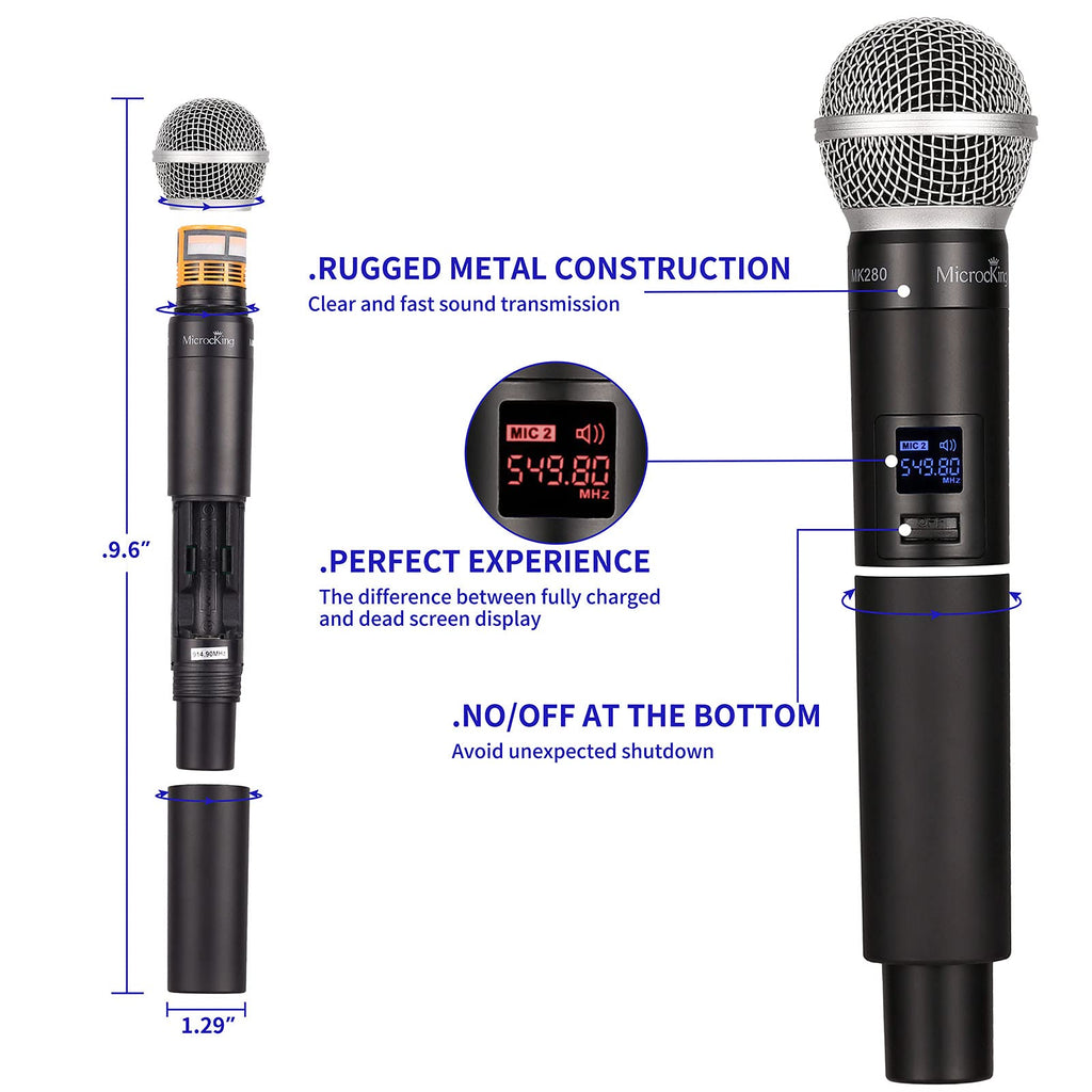 MicrocKing 4 Channel UHF Wireless Microphone System, 4 Handheld Wireless Microphones with Receiver, 400ft Long Range, Professional Dynamic Mic Set for Church, Conference, Wedding, Karaoke and Speech