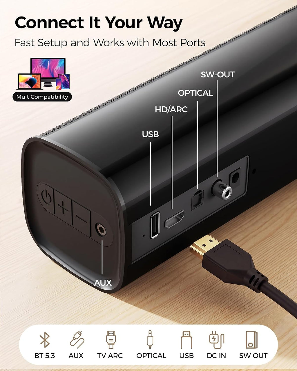 Karaoke Soundbar with Subwoofer for TV and 2 Wireless Microphones