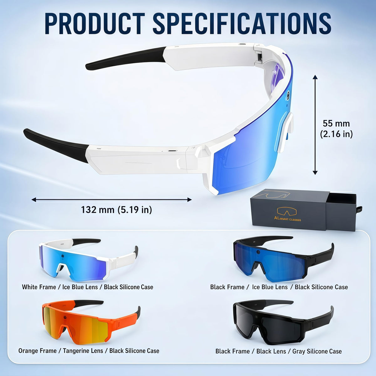 Sport AI Smart Sunglasses with 4K POV Camera (Black/Ice Blue)
