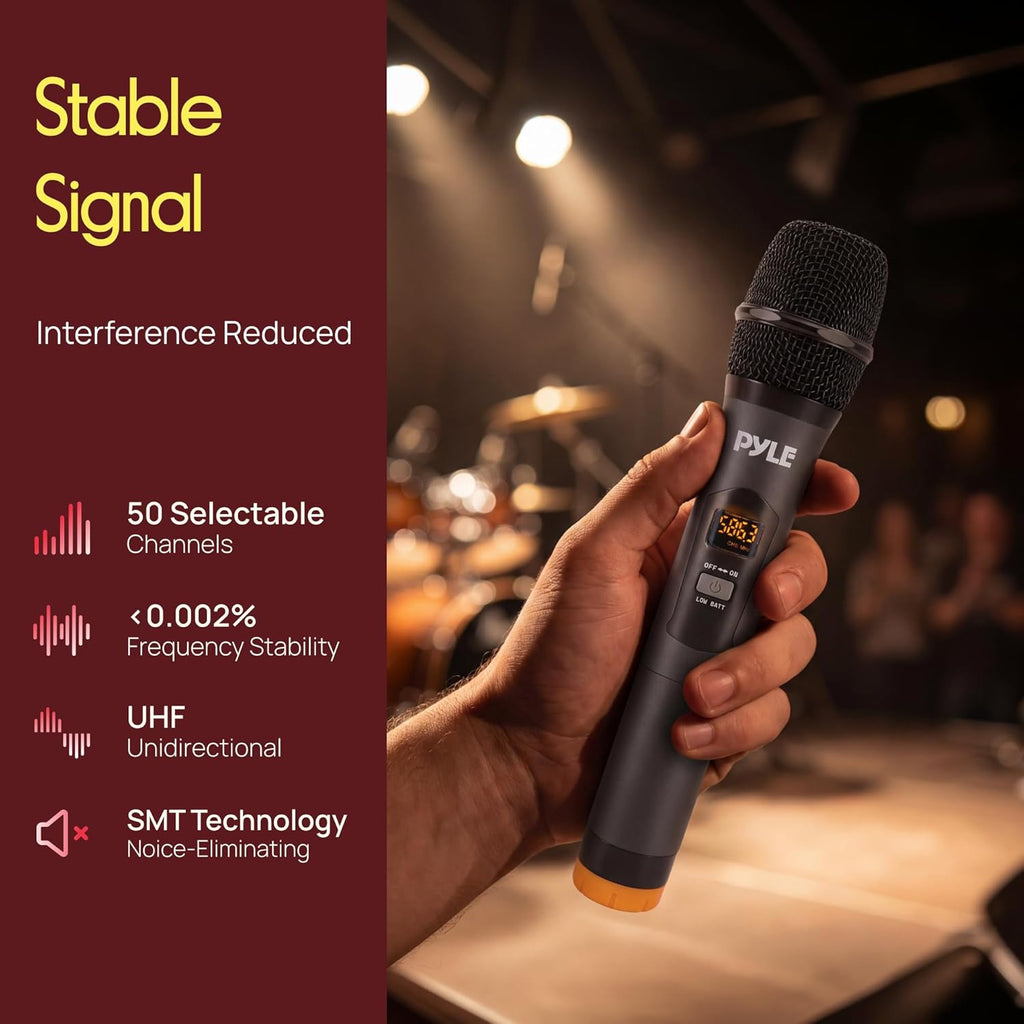 Pyle Wireless Microphones, Professional UHF Dual Microphones for Karaoke, Wireless Dynamic Microphone System Set with Rechargeable Receiver,Plug and Play, Speech, Wedding, Church, PA System