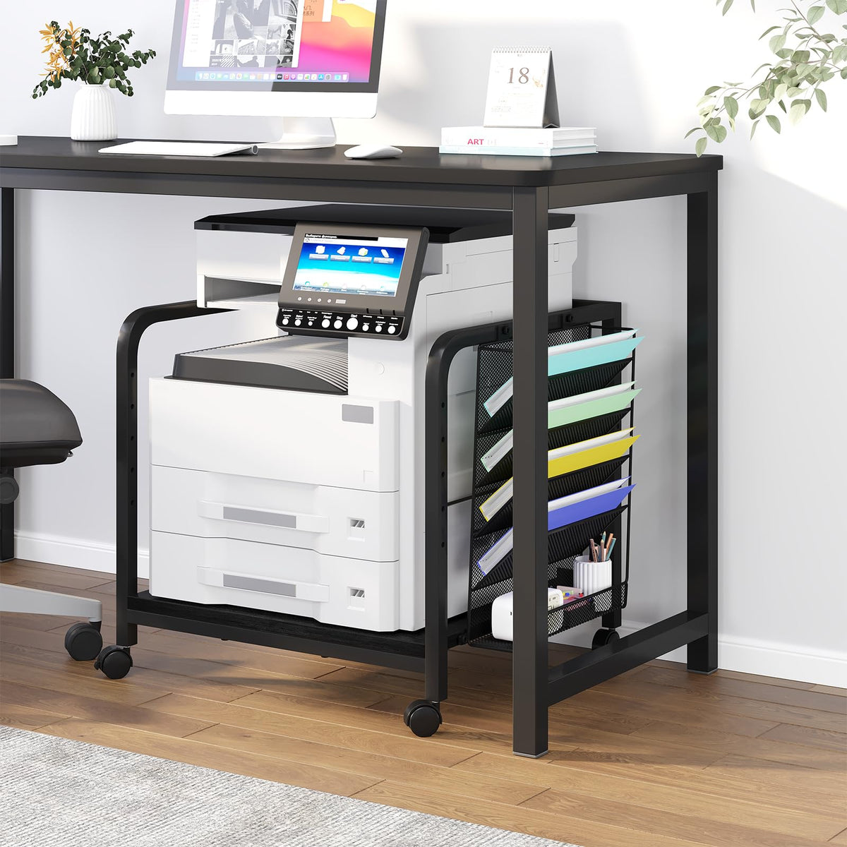 EasyCom 24"x20" Printer Stand with Storage, File Holder & Wheels, Brown
