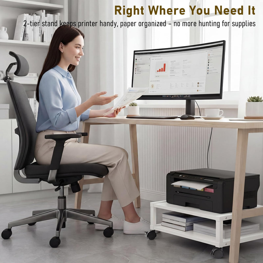 Zonon 2 Tier Printer Stand Under Desk with Wheels, Open Shelf, Black