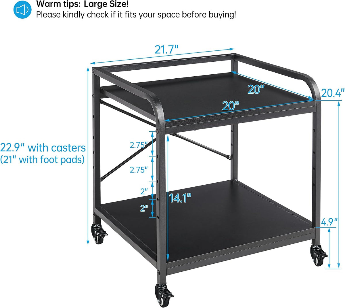 Fannova 2 Tier Under Desk Printer Stand with Storage, 20 Inches Deep Large Printer Table with Height Adjustable Shelf, Rolling Printer Cart with Wheels for Home Office - Black