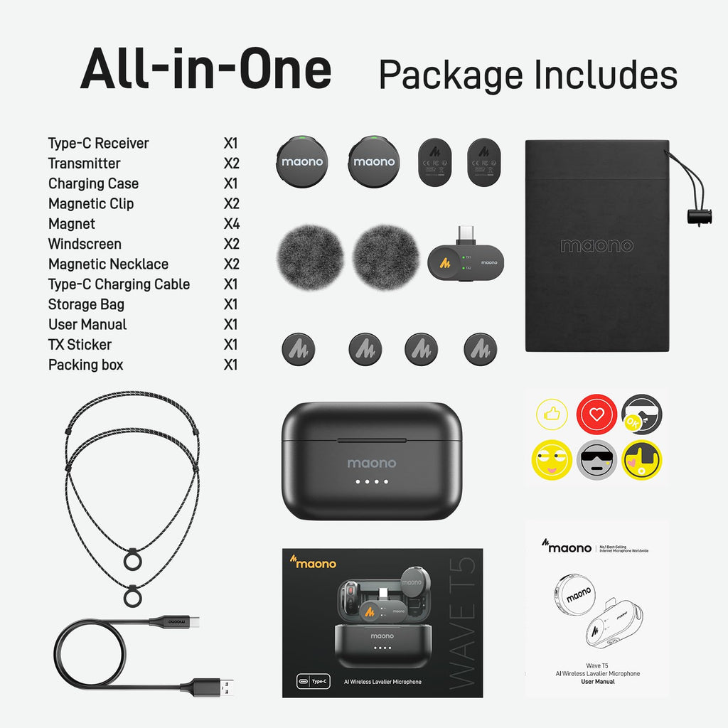 MAONO Wave T5 Wireless Lavalier Microphone for iPhone/Android/Camera/PC