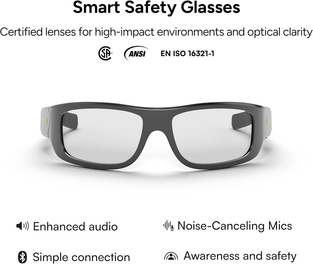 Lucyd Armor Smart Safety Glasses, TR90 Frame, Light Adaptive Lenses, Open Ear Speakers & Microphone - ANSI Z87.1