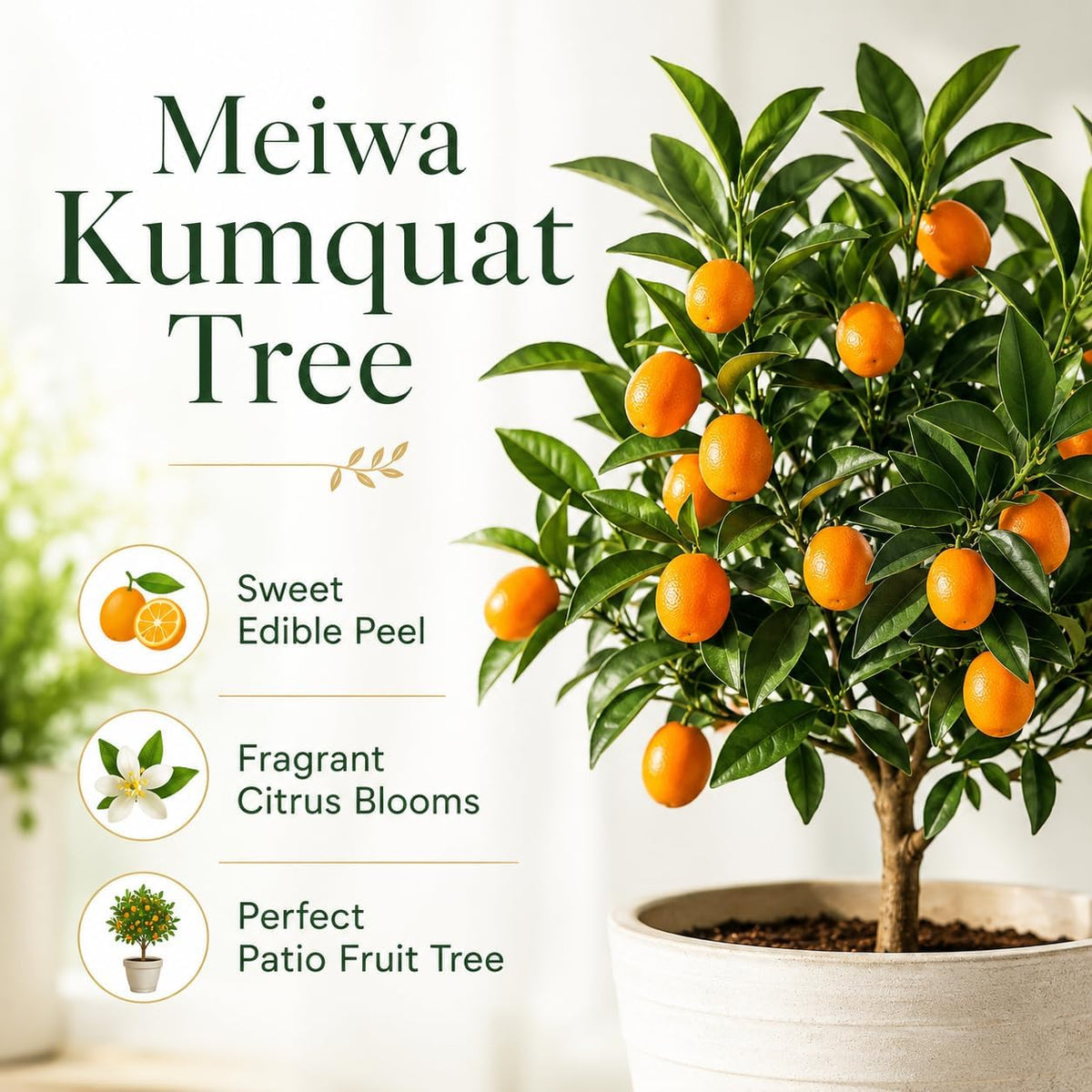 Live Meiwa Kumquat Tree 1 Gallon Pot | Productive Sweet Citrus Fruit Tree | Fresh Kumquats for Planting | Ideal for Backyard & Patio Containers (No Ship to CA, HI, AK)