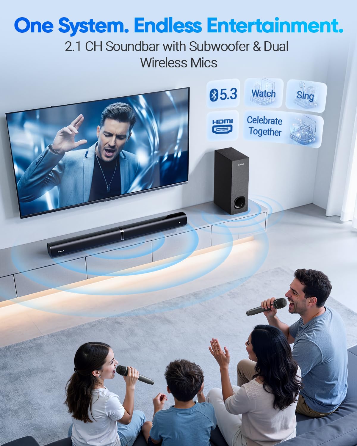 Karaoke Soundbar with Subwoofer for TV and 2 Wireless Microphones