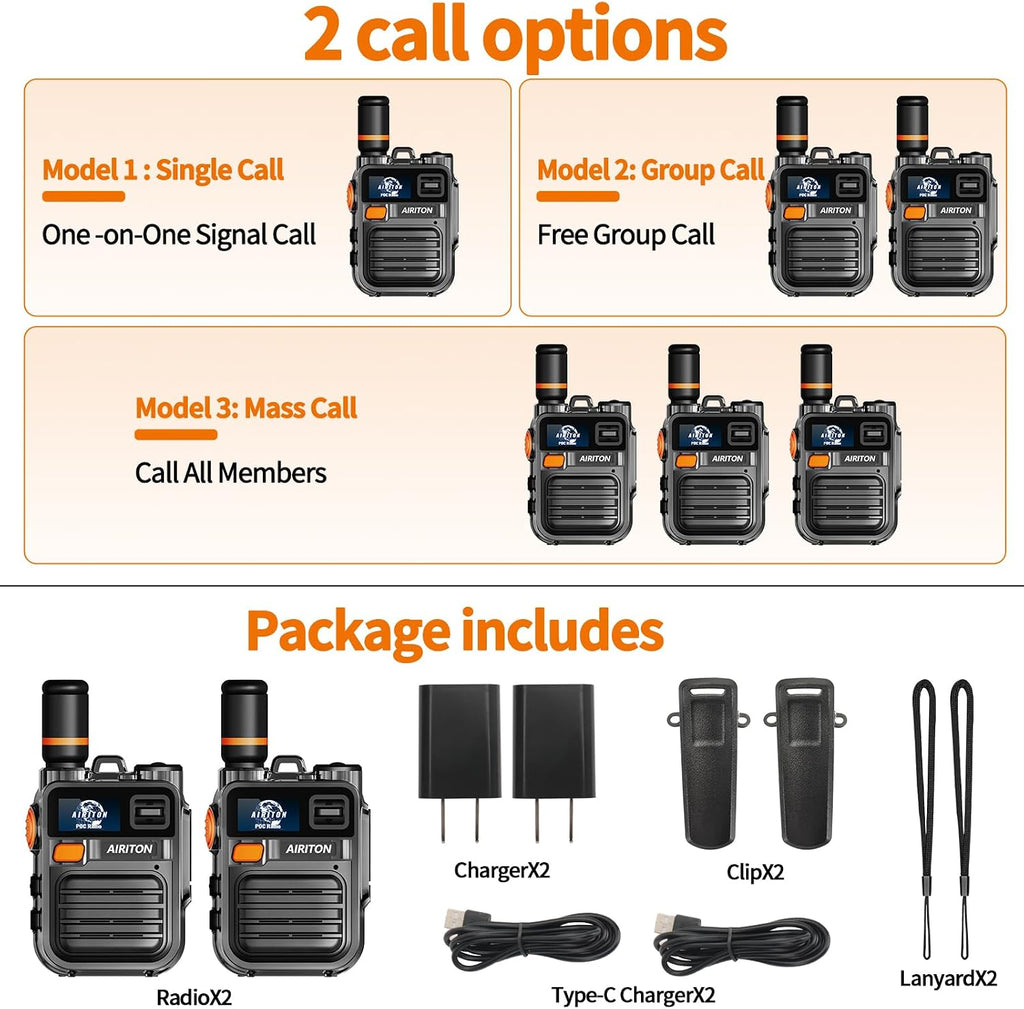 (Lifetime Free) Airiton Walkie Talkies Fast Radio Unlimited Range Nationwide Long Distance Handheld 4G LTE POC Two Way Radio Rapid Push to Talk Over Cellular Radio Long Range (2 with SIM Card)
