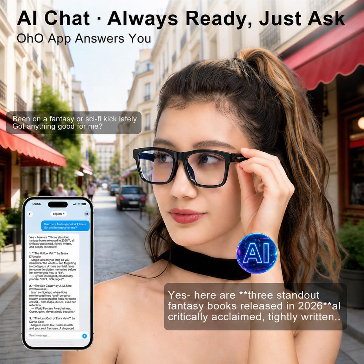 OHO AI Smart Glasses, UV400 Z87+ Audio Open Ear Bluetooth Sunglasses