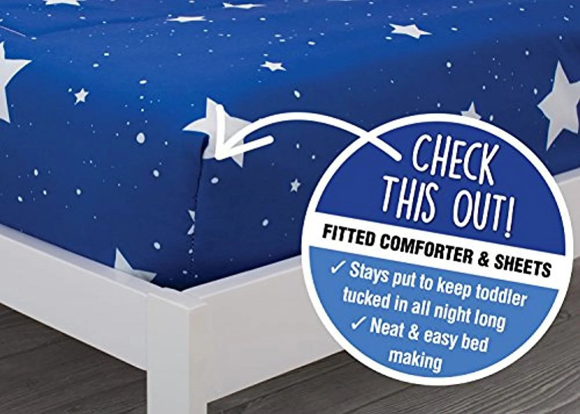 Toddler Bedding Set | Boys 4 Piece Collection | Fitted Sheet, Flat Top Sheet w/ Elastic bottom, Fitted Comter w/ Elastic bottom, Pillowcase | Delta Children | Boys Starry Night | Blue Stars