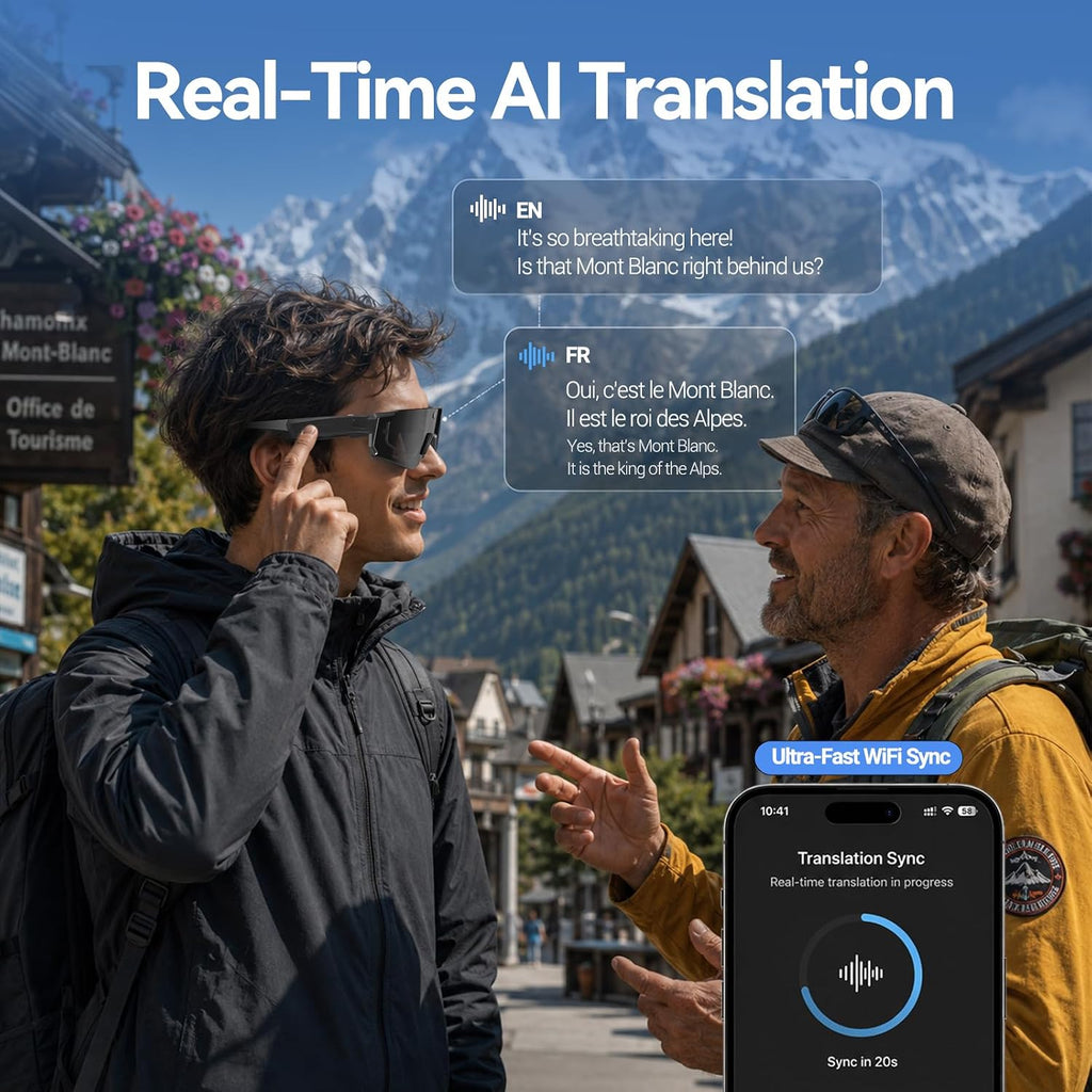 AI Smart Glasses with Camera, ChatGPT & AI Object Recognition, 1200P Video with 6-Axis EIS, Polarized UV400 Sunglasses, Real-Time Translation, IP64 Waterproof for Cycling, Hiking & Vlogging