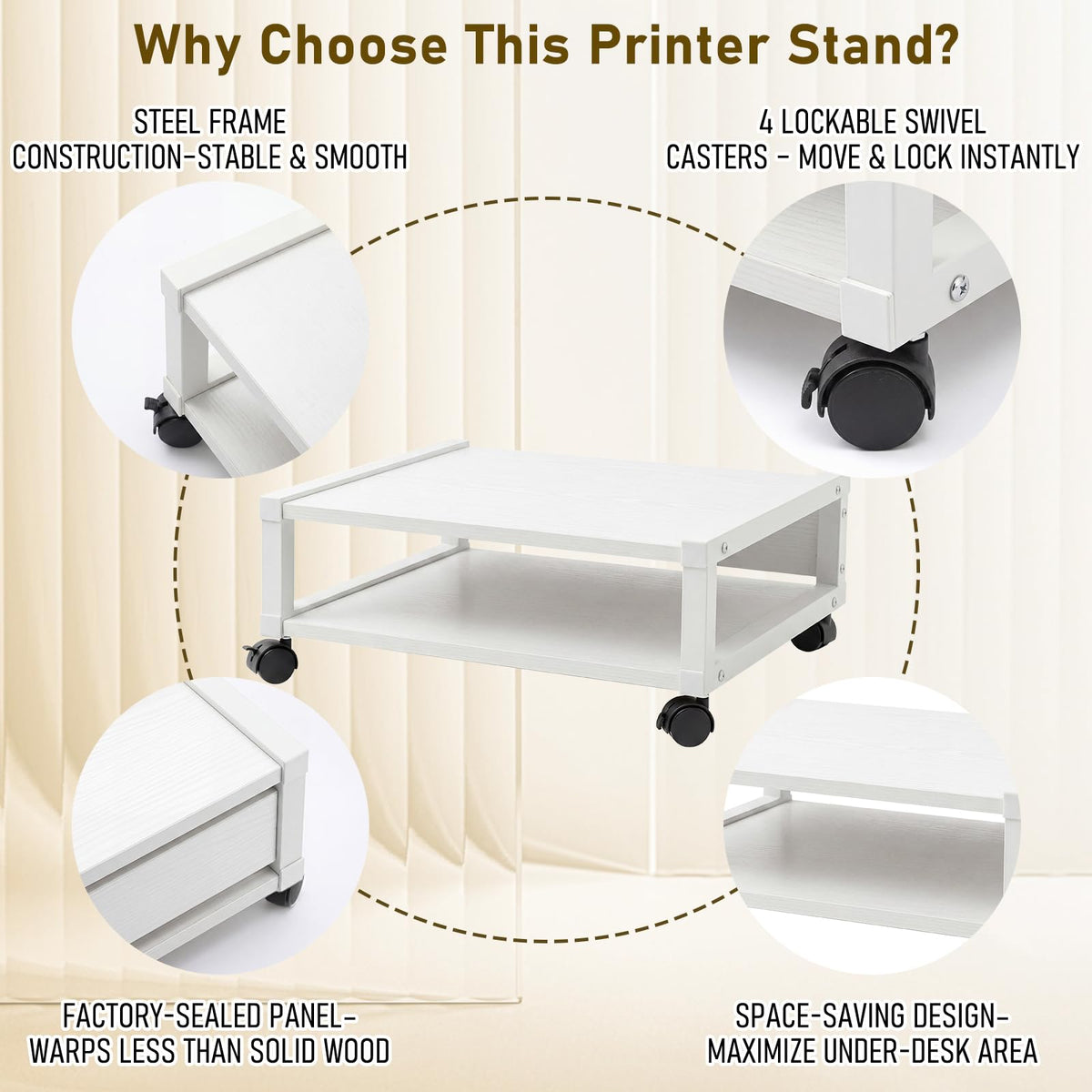 Zonon 2 Tier Printer Stand Under Desk with Wheels, Open Shelf, Black