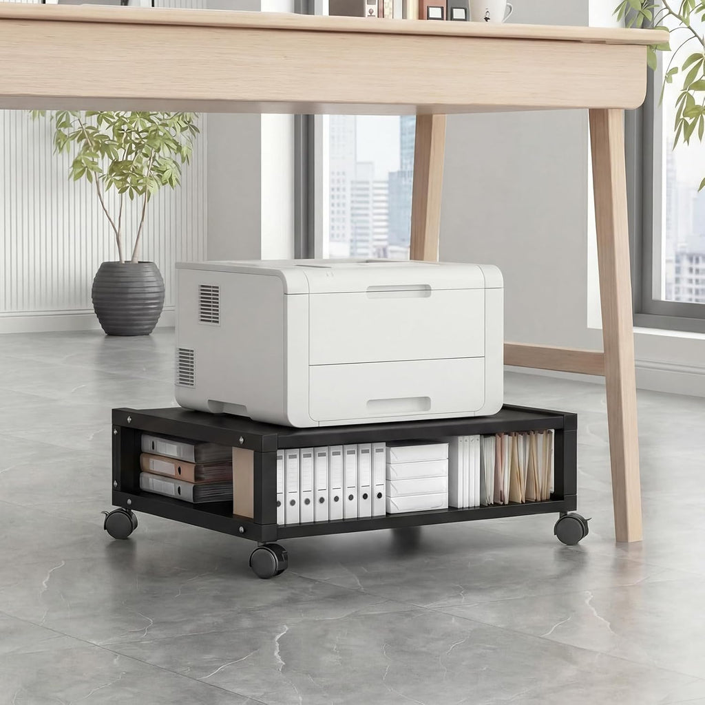 Zonon 2 Tier Printer Stand Under Desk with Wheels, Open Shelf, Black