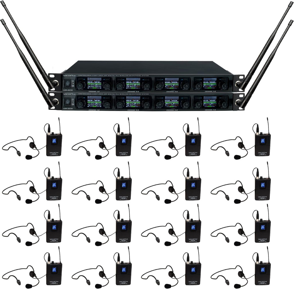 VocoPro UDX-PLAY-16 Professional Digital UHF PLL Wireless Microphone System with Sixteen Headset Vocal Microphones
