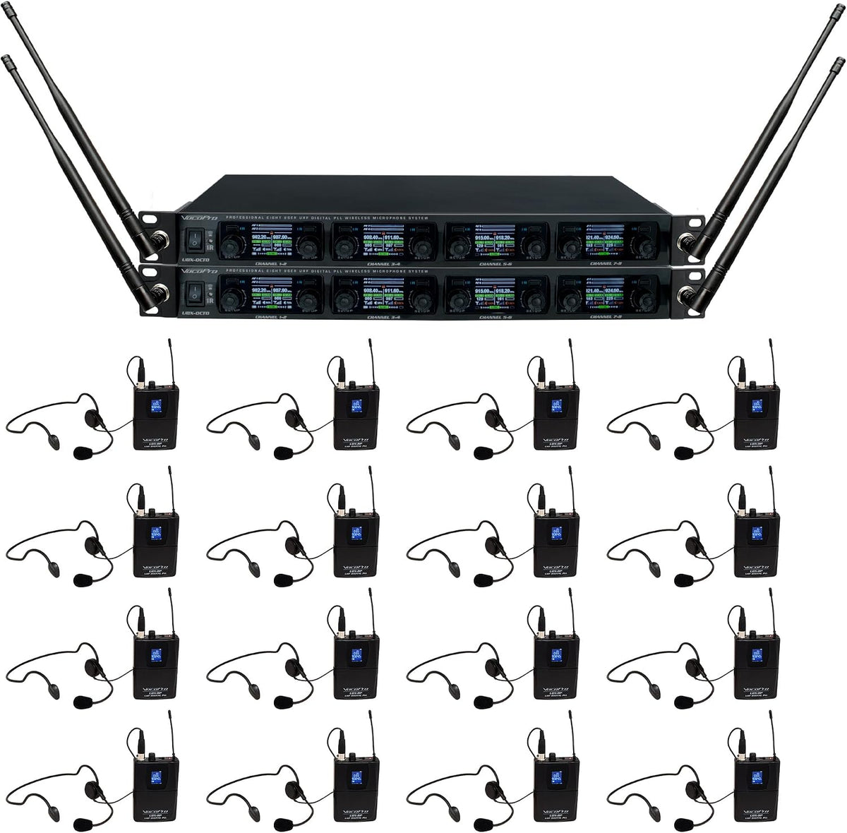 VocoPro UDX-PLAY-16 Professional Digital UHF PLL Wireless Microphone System with Sixteen Headset Vocal Microphones