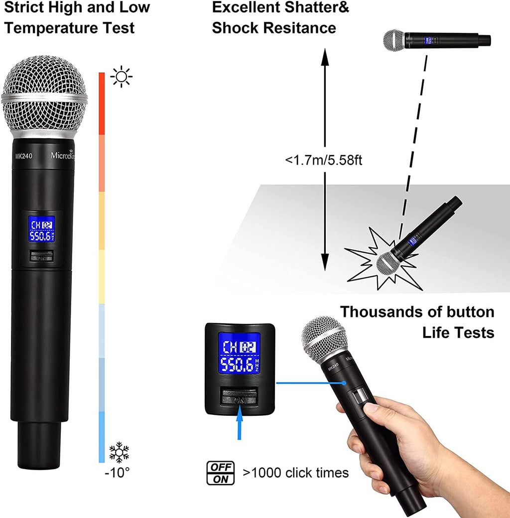 MicrocKing 4 Channel UHF Wireless Microphone System, 4 Handheld Wireless Microphones with Receiver, 400ft Long Range, Professional Dynamic Mic Set for Church, Conference, Wedding, Karaoke and Speech