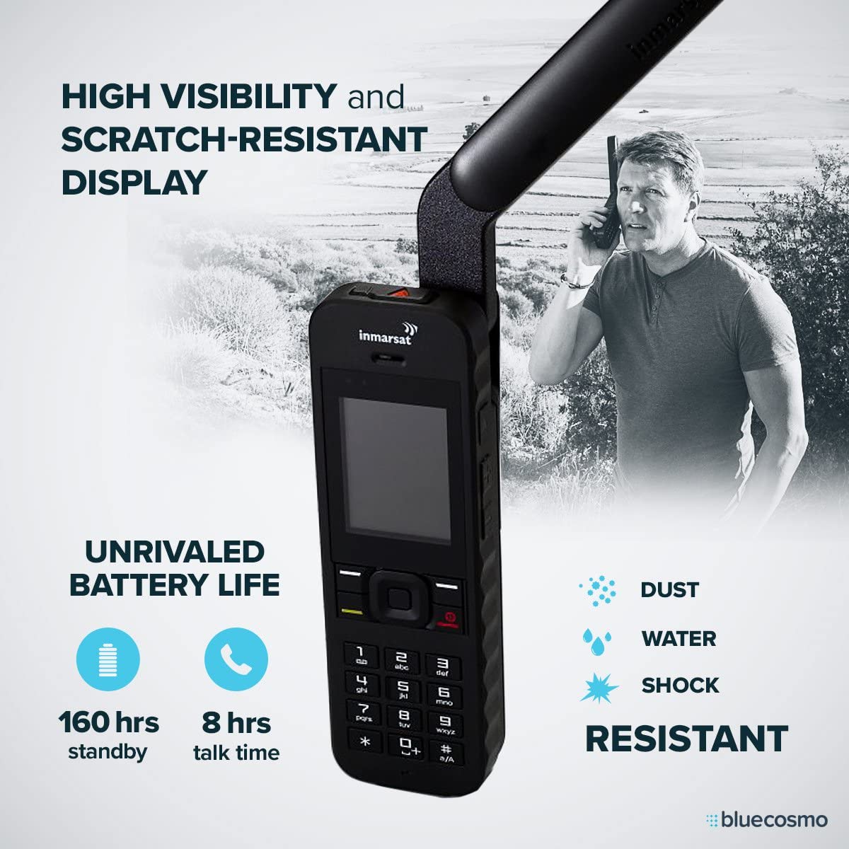 BlueCosmo Inmarsat IsatPhone 2.1 Satellite Phone Kit (SIM Included), unlocked - Global Coverage - Voice, SMS, GPS Tracking, Emergency SOS - Prepaid and Monthly Service Plan Options