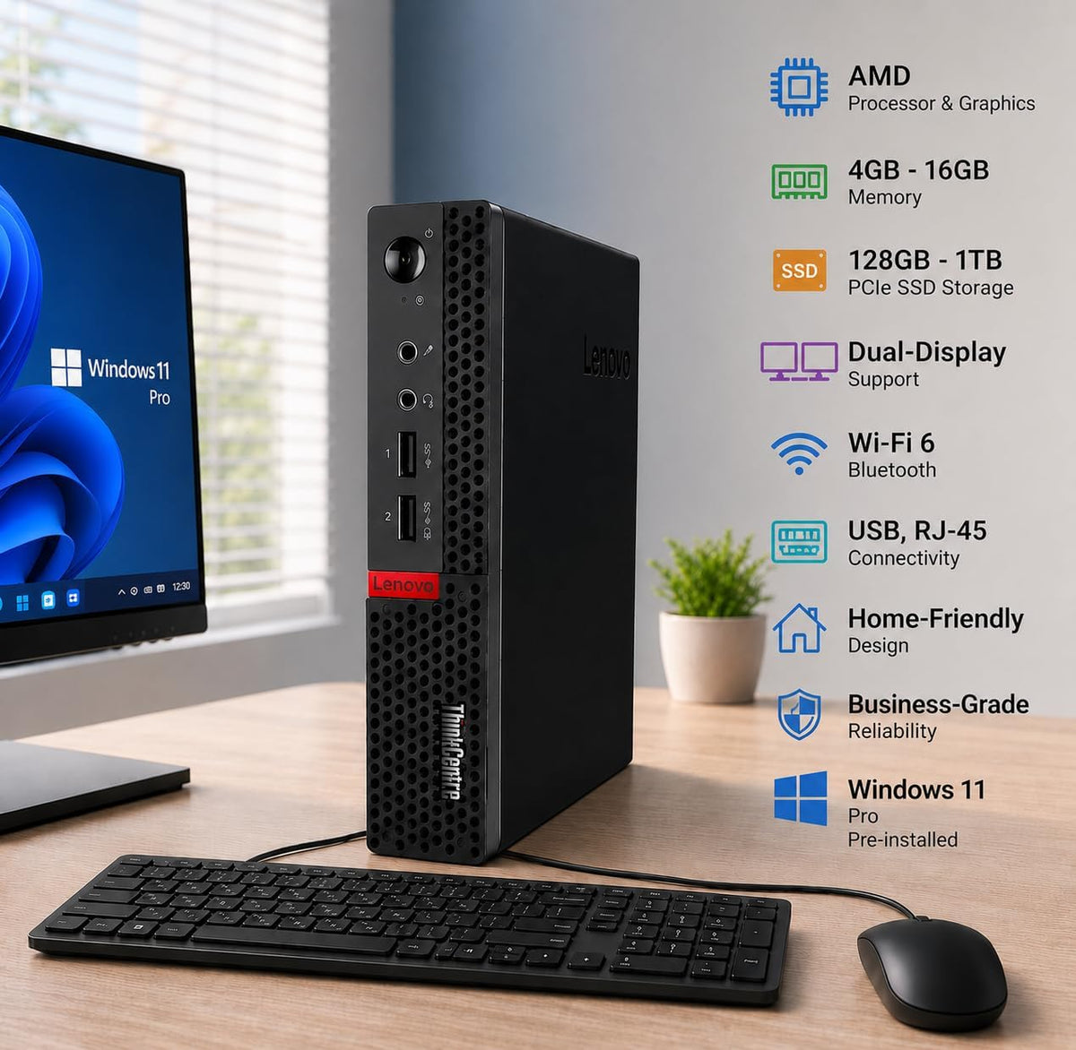 Customized Lenovo Mini Desktop Computer, AMD Processor & Graphics, 16GB DDR4 RAM, 256GB/512GB/1TB SSD, Windows 11 Pro, Wi-Fi, Bluetooth, 2X DisplayPort, Keyboard & Mouse, for Daily Work