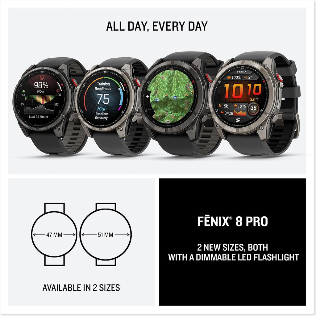 Garmin Fenix 8 Pro, 47mm, AMOLED Display, Premium Multisport GPS Smartwatch, inReach Technology for Emergency Survival, Health Tracking | Titanium/Graphite, Signature Series Modern Power Stand