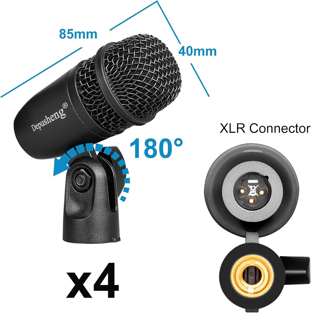 Depusheng 7-Piece Drum Microphone Set with 5 Dynamic Percussion Microphones and 2 Condenser Percussion Microphones Ideal for Instrument Recording and Music Production