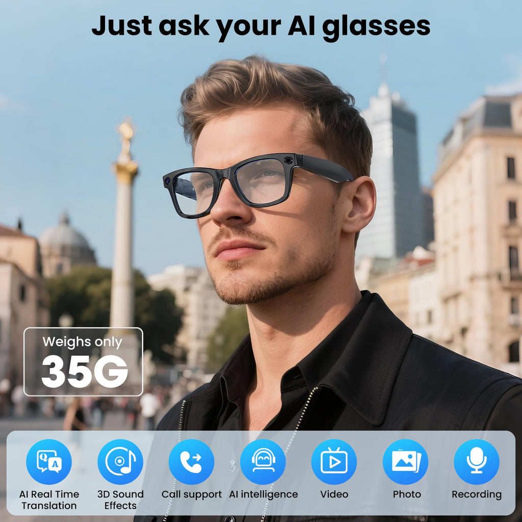 Mingtawn AI Smart Glasses â 8MP Anti-Shake Camera Glasses, 290mAh, BT Call, 4K HD Camera with Video Recording Dual Mic, Simultaneous Interpretation/GPT Identify Objectsï¼Black