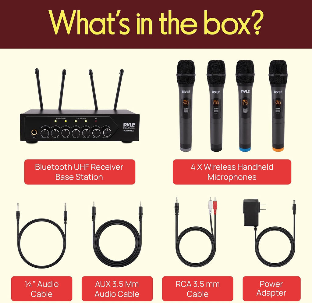 Pyle Wireless Microphones, Professional UHF Dual Microphones for Karaoke, Wireless Dynamic Microphone System Set with Rechargeable Receiver,Plug and Play, Speech, Wedding, Church, PA System