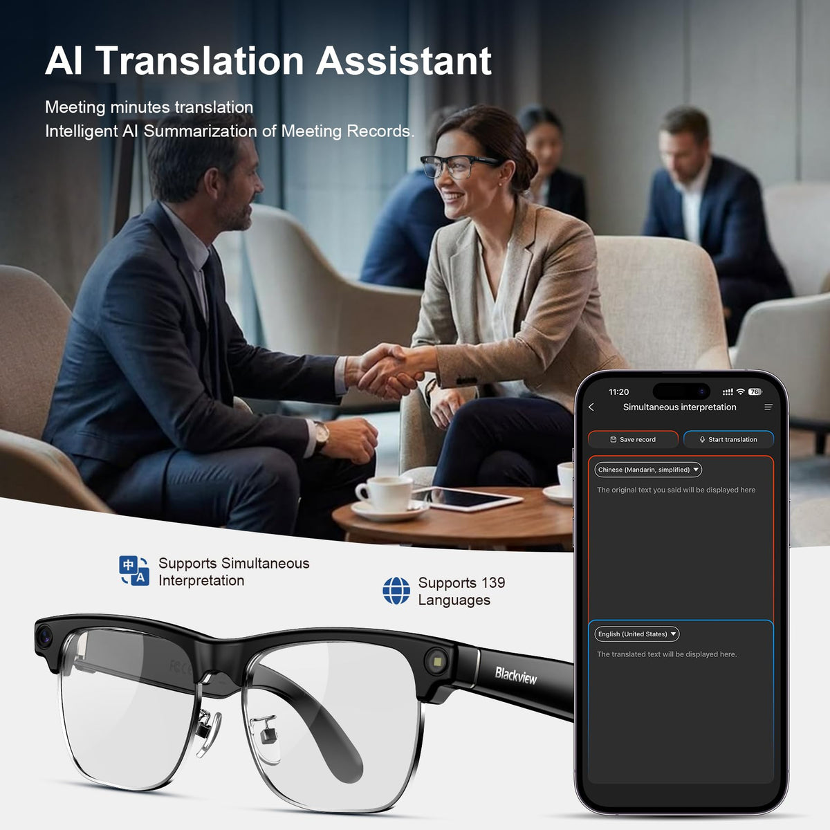 Blackview AI Smart Glasses with Camera, BT Call/Photo/4K HD Video Recording Glasses with Real-Time Translation, AI Voice Assistant, Object Recognition, Blue Light Blocking Graduated Lenses