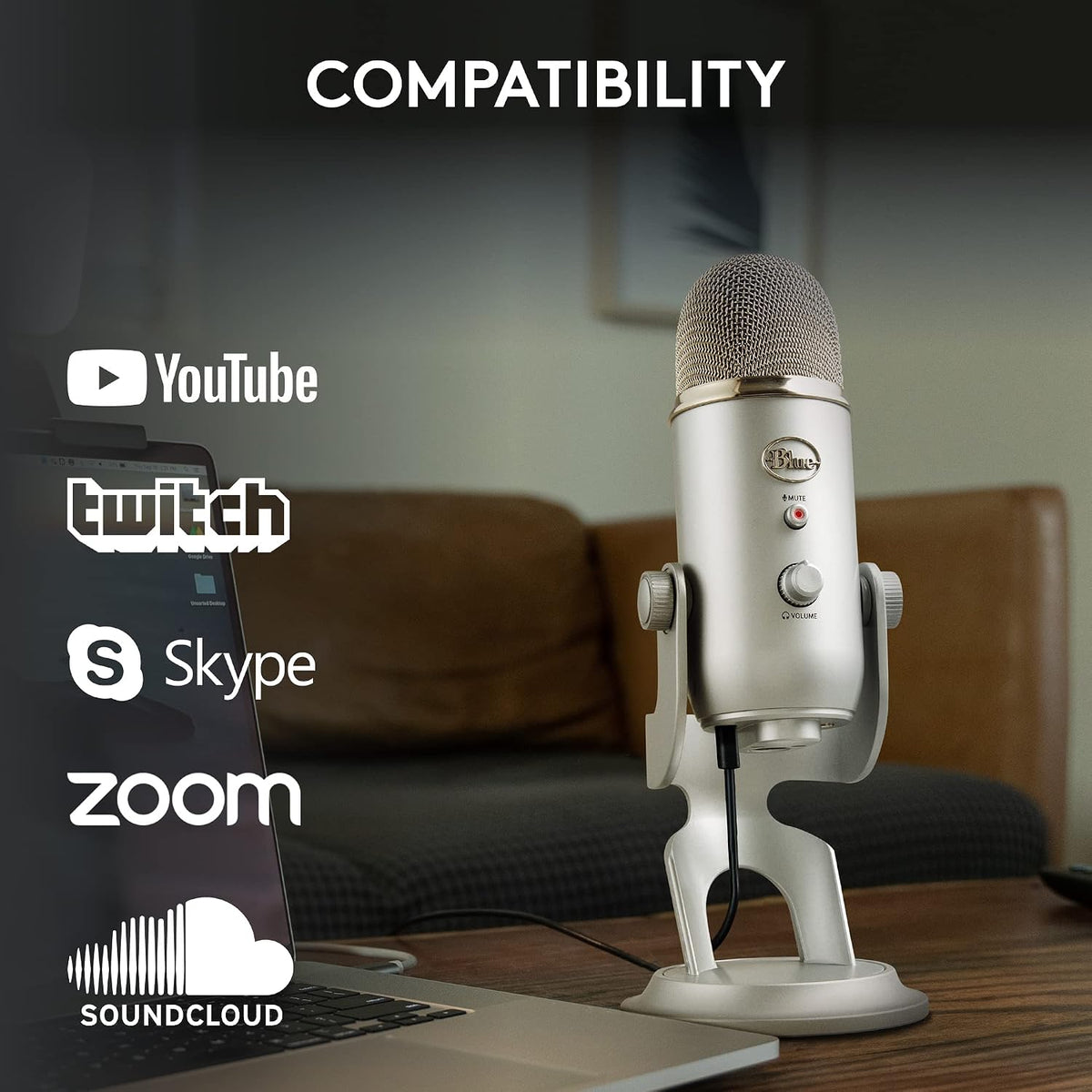Logitech Creators Blue Yeti USB Microphone for PC, Mac, Gaming, Recording, Streaming, Podcasting, Studio and Computer Condenser Mic with Blue VO!CE Effects, 4 Pickup Patterns, Plug and Play - Silver