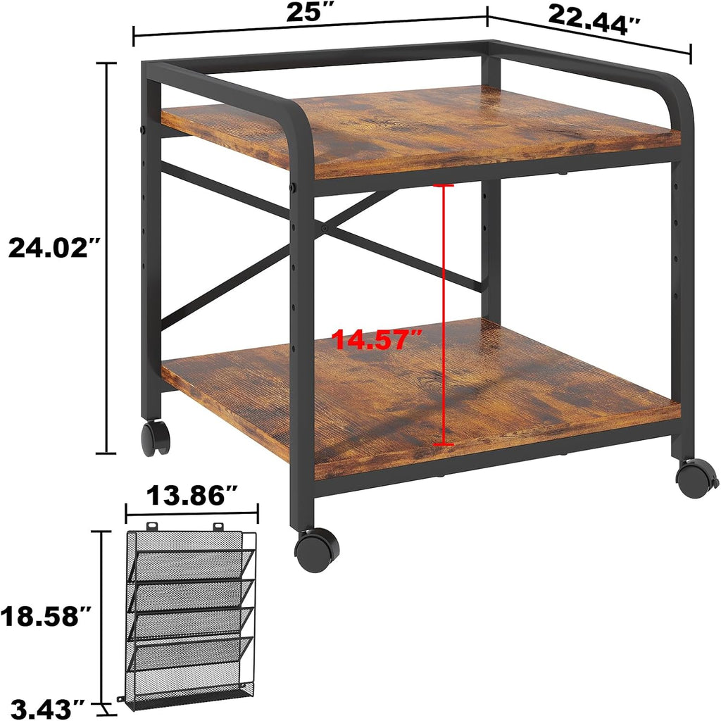 EasyCom 24"x20" Printer Stand with Storage, File Holder & Wheels, Brown