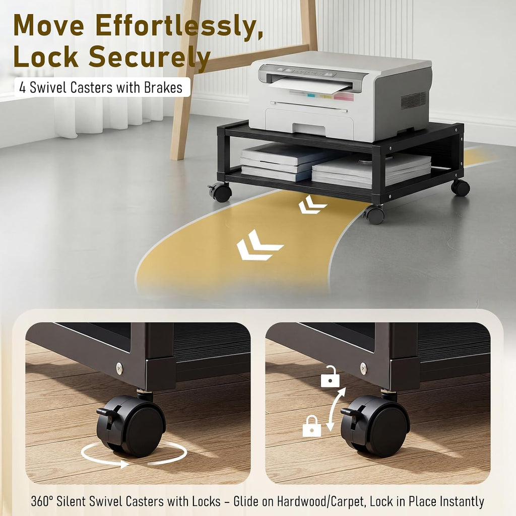 Zonon 2 Tier Printer Stand Under Desk with Wheels, Open Shelf, Black