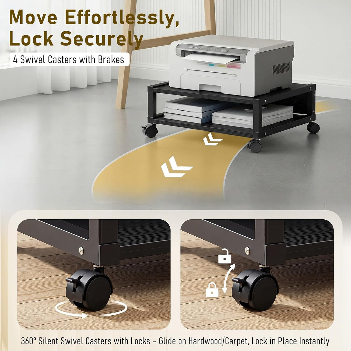 Zonon 2 Tier Printer Stand Under Desk with Wheels, Open Shelf, Black