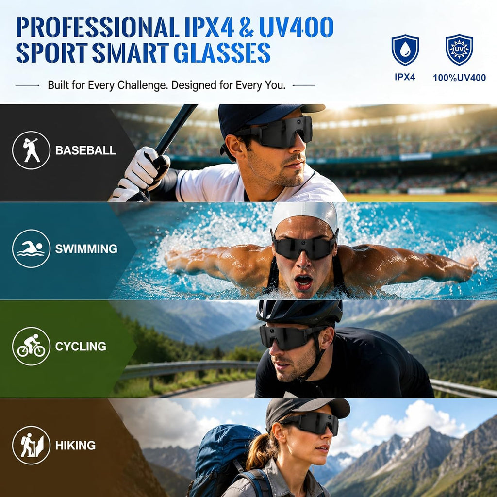 Sport Smart Glasses with Camera, 4K POV Glasses with Photochromic Lens, 6560Ã4928PX Anti-Shake Camera, AI Voice Assistant, 139 Real-Time Translation, IP65 UV400 Sport Sunglasses for Outdoor Sports