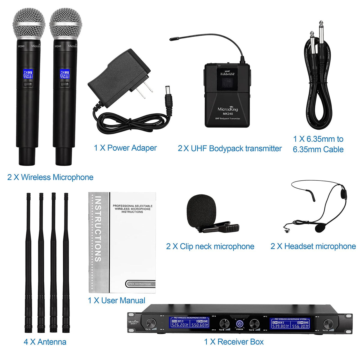 MicrocKing 4 Channel UHF Wireless Microphone System, 4 Handheld Wireless Microphones with Receiver, 400ft Long Range, Professional Dynamic Mic Set for Church, Conference, Wedding, Karaoke and Speech