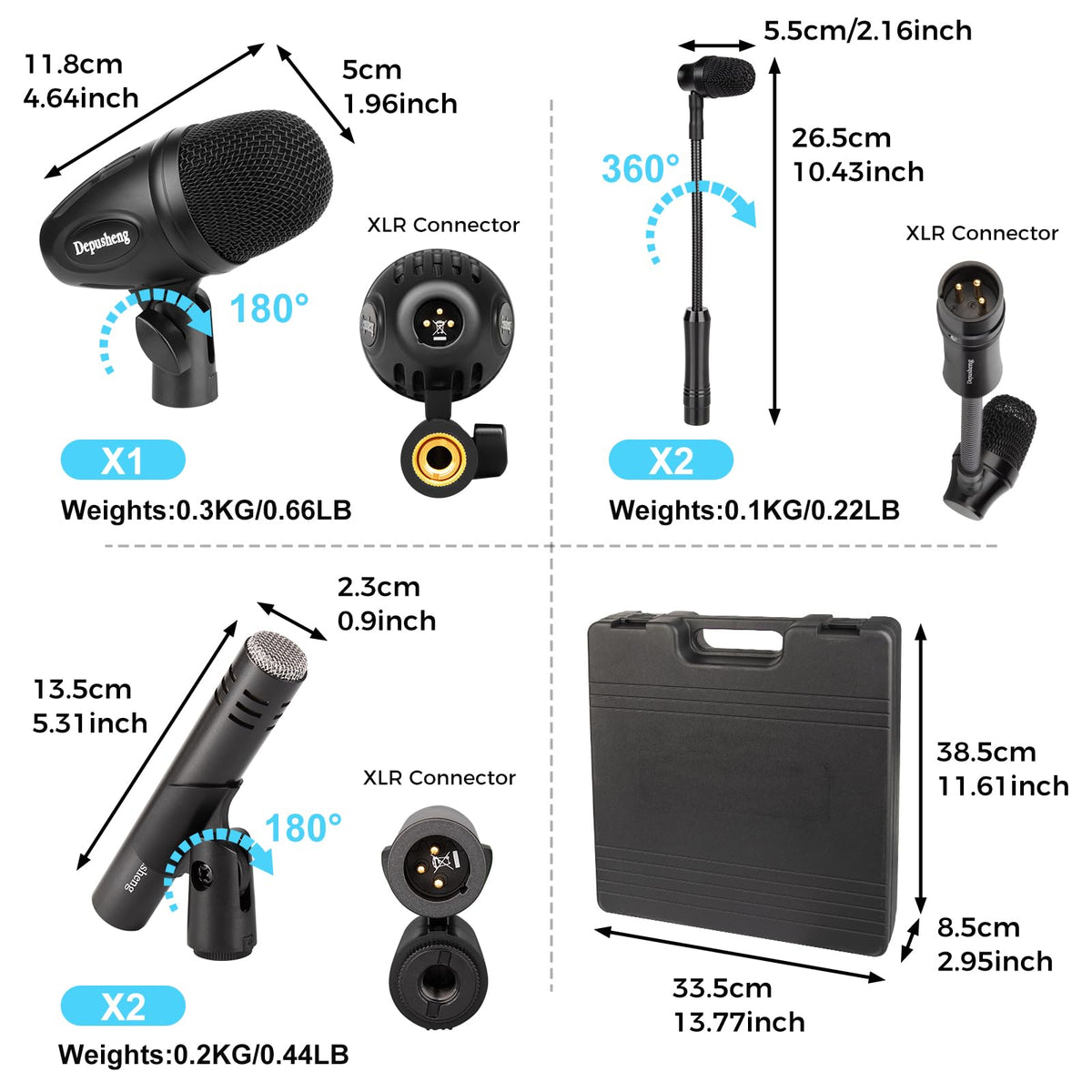 Depusheng 7-Piece Drum Microphone Set with 5 Dynamic Percussion Microphones and 2 Condenser Percussion Microphones Ideal for Instrument Recording and Music Production
