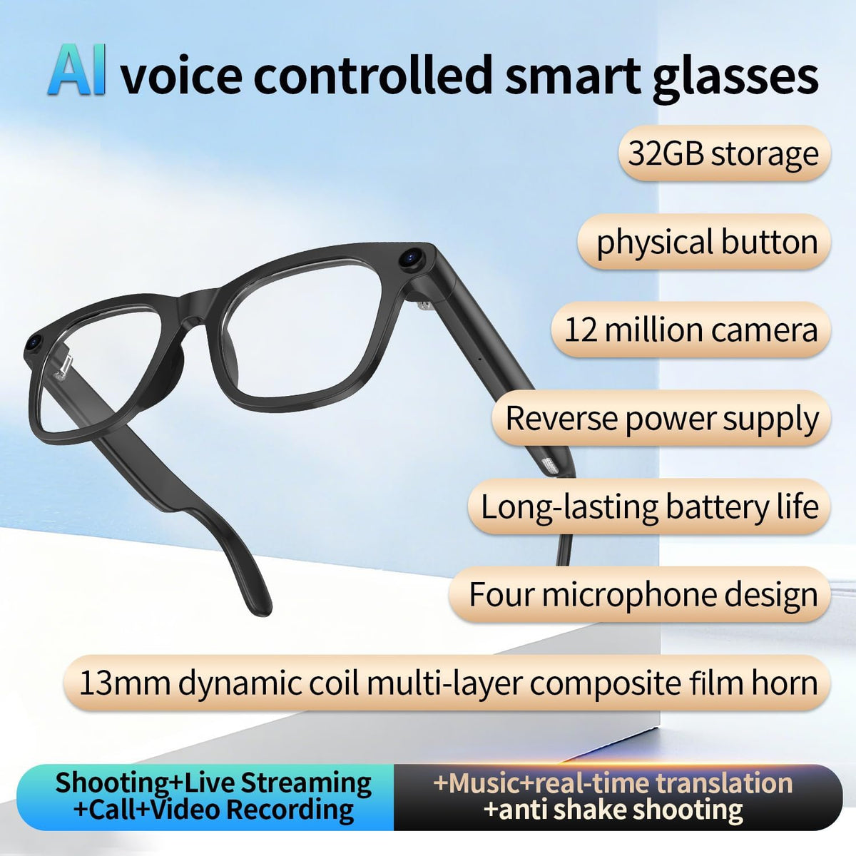 AI Smart Glasses with 12MP Camera, Anti-Shake Video Recording and OTG, Object Recognition, Photo Capture, Real-Time Translation, AI Assistant, Open-Ear Audio, Bluetooth, Replaceable Sunglasses Lenses
