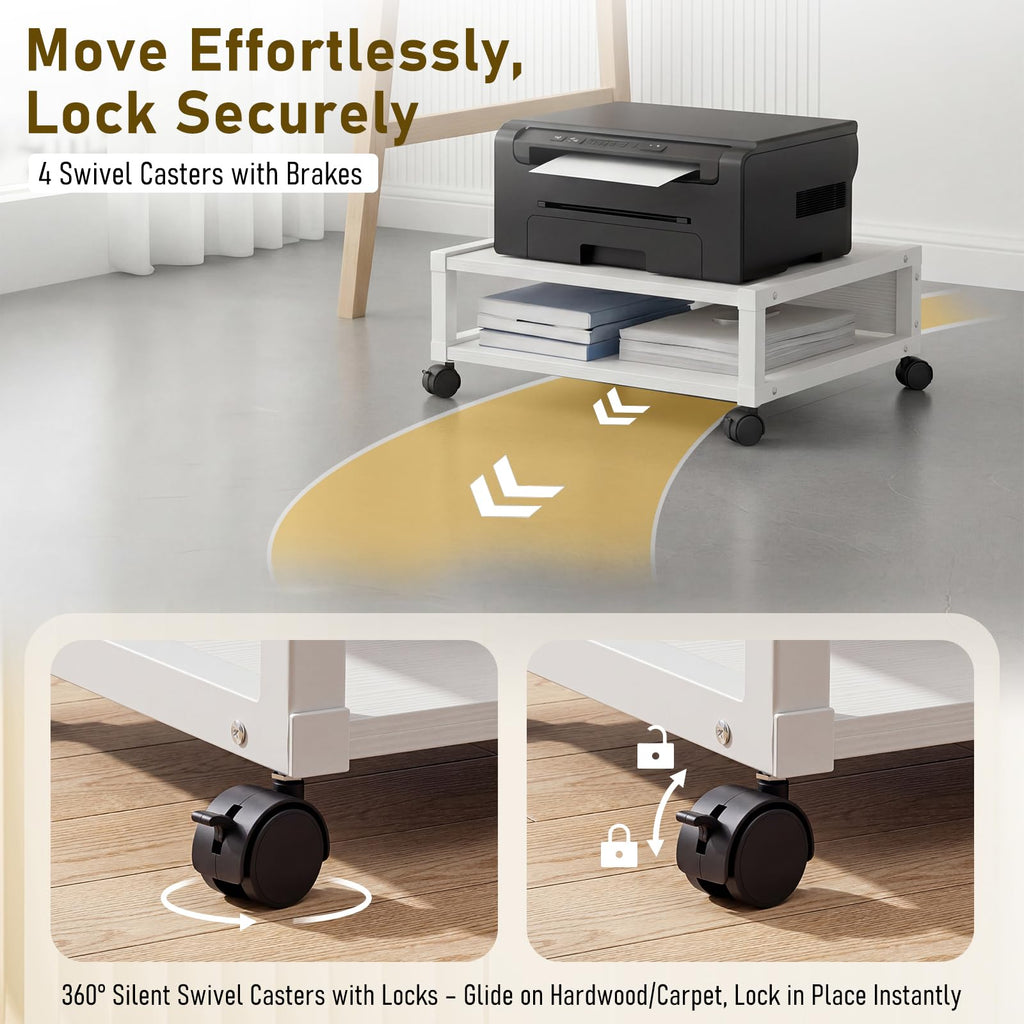 Zonon 2 Tier Printer Stand Under Desk with Wheels, Open Shelf, Black