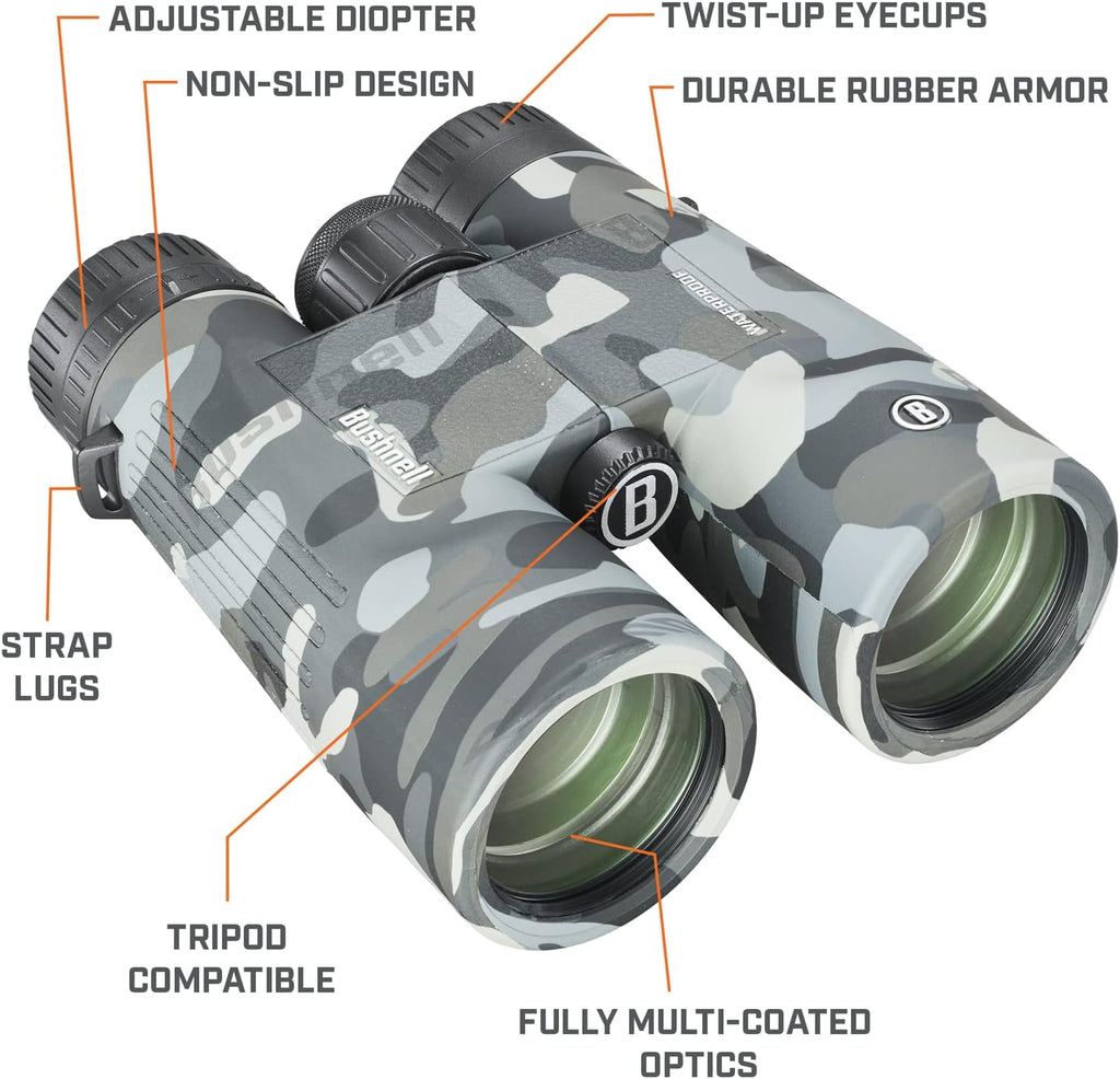 Bushnell Blackout Camo 10x42 IPX7 Waterproof Binoculars with Fully-Multi Coated Lenses and Durable Rubber Armor, Binoculars for Hunting, Boating Birdwatching