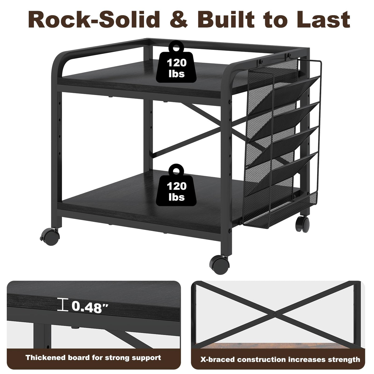 EasyCom 24"x20" Printer Stand with Storage, File Holder & Wheels, Brown