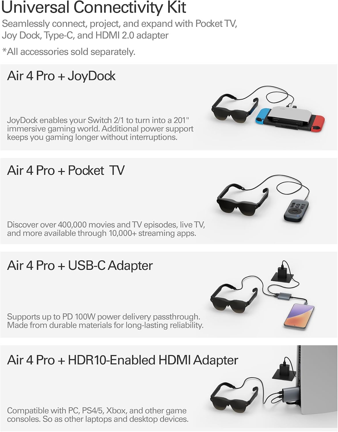 RayNeo Air 4 Pro AR/XR Glasses HDR10 201" Display, 120Hz 3D Movie Game